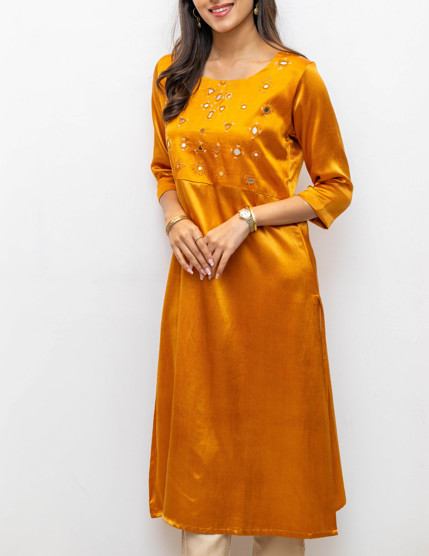 Mustard Hand Embroidery Gajji Silk Kurta