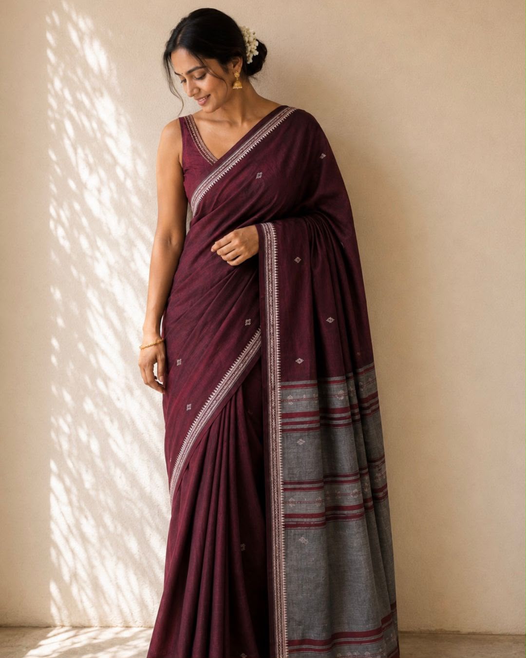 Maroon Jamdani Cotton Saree