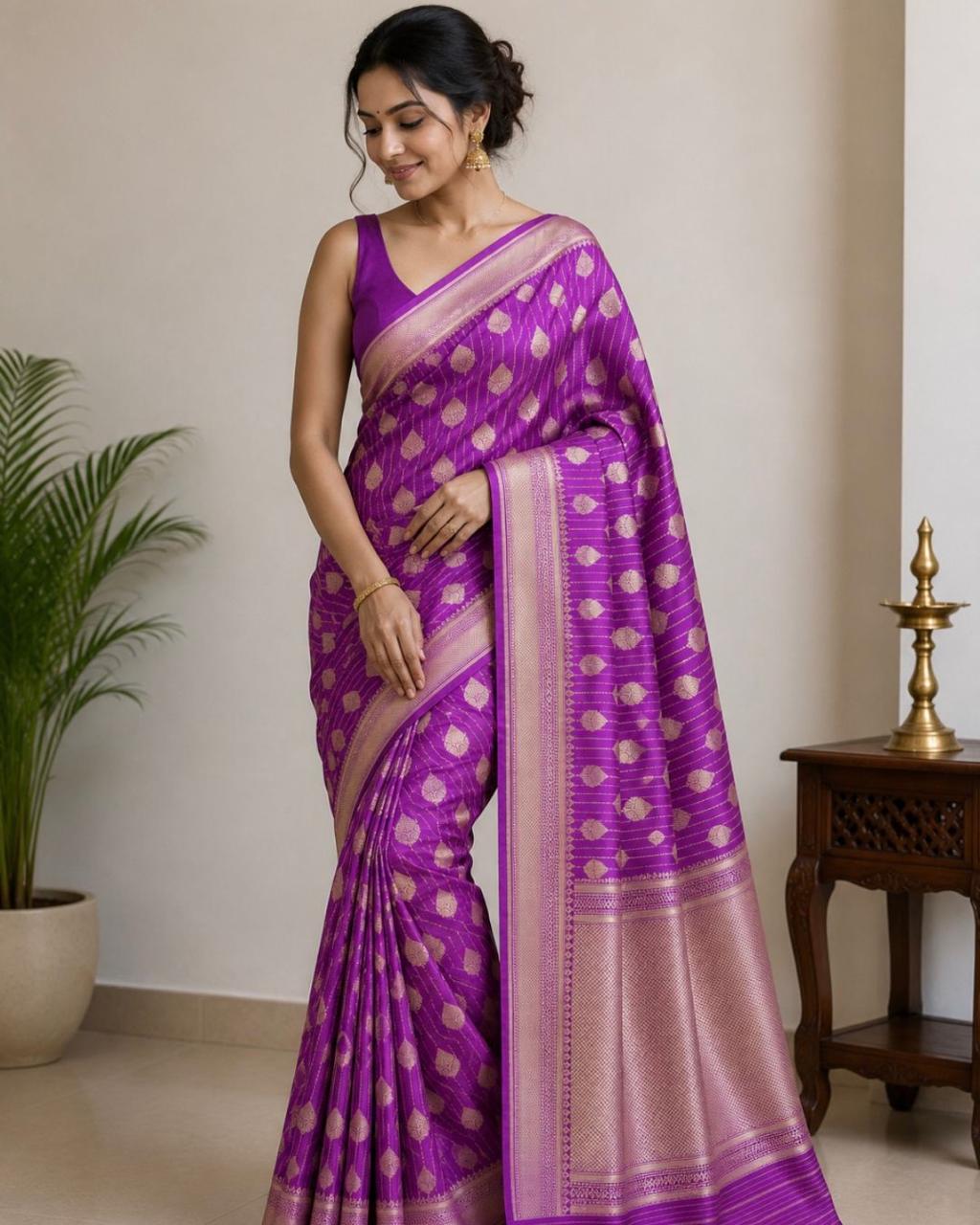 Purple Floral Butta Banarasi Tissue Silk Saree