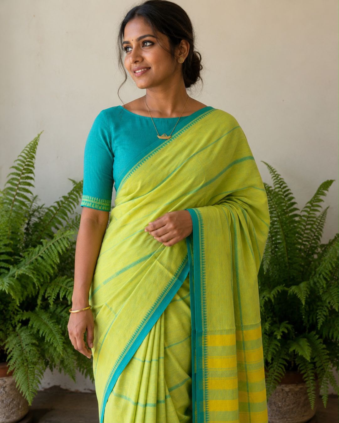 Green Blue Border Stripes Cotton Saree
