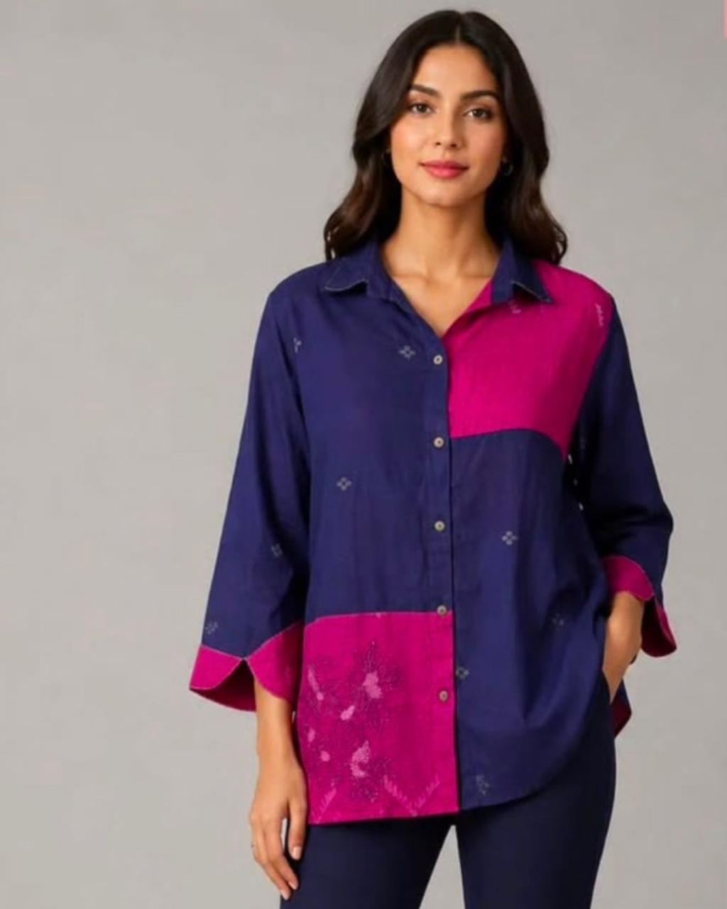 Blue Patch Work Shirt Collar Cuff Cotton Top