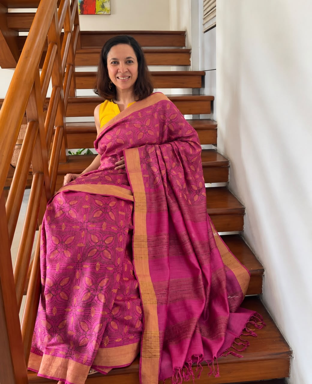 Pink Yellow Floral Kantha Embroidery Mulberry Silk Saree