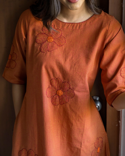 Orange Checks Floral Embroidered Cotton Dress