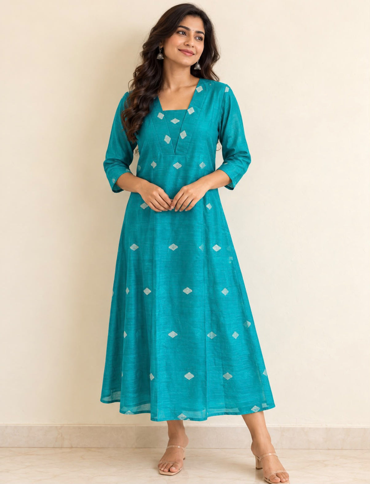 Green Silver Diamond Buta Chanderi Silk Cotton Dress