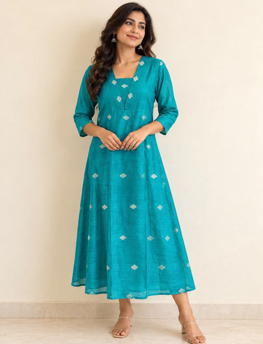 Green Silver Diamond Buta Chanderi Silk Cotton Dress - samasta.in #