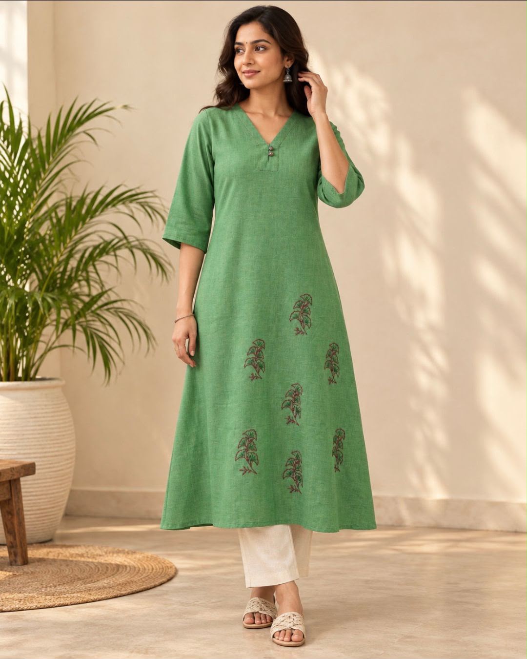 Green Floral Kanta Porgai Embroidery A-Line Cotton Dress