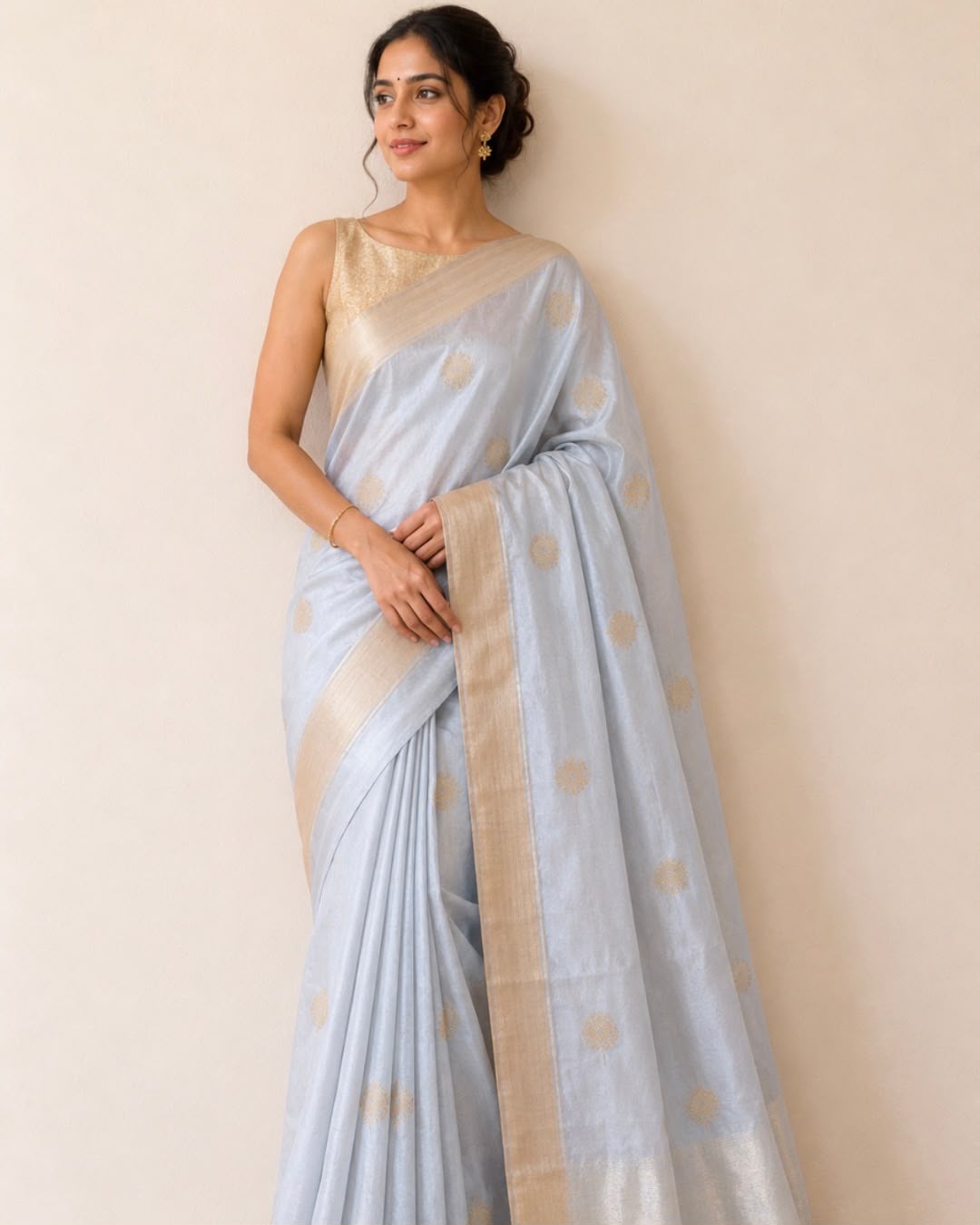 Light Grey Floral Butta Chanderi Silk Saree