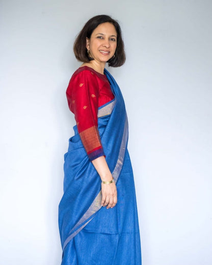 Red Silk Cotton Elbow Sleeves Blouse