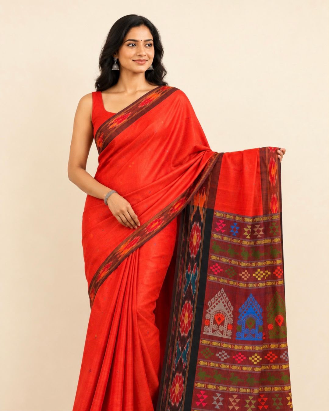 Red Ikat Border Thread Woven Tussar Silk Saree