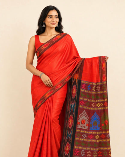 Red Ikat Border Thread Woven Tussar Silk Saree