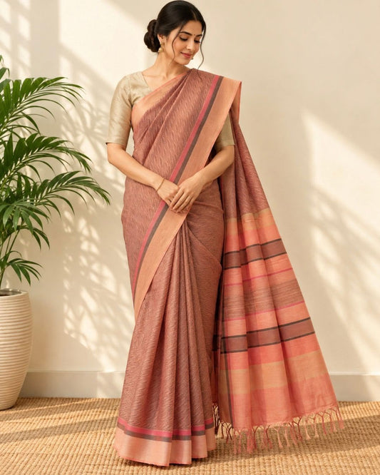 Peach Black Hand Woven ZigZag Chattisgarh Tussar Silk Saree - samasta.in #