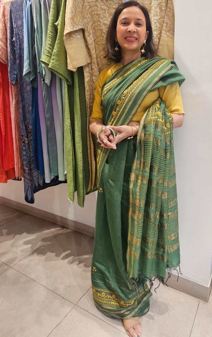 Green Kantha Embroidery Jamdani Matka Silk Saree