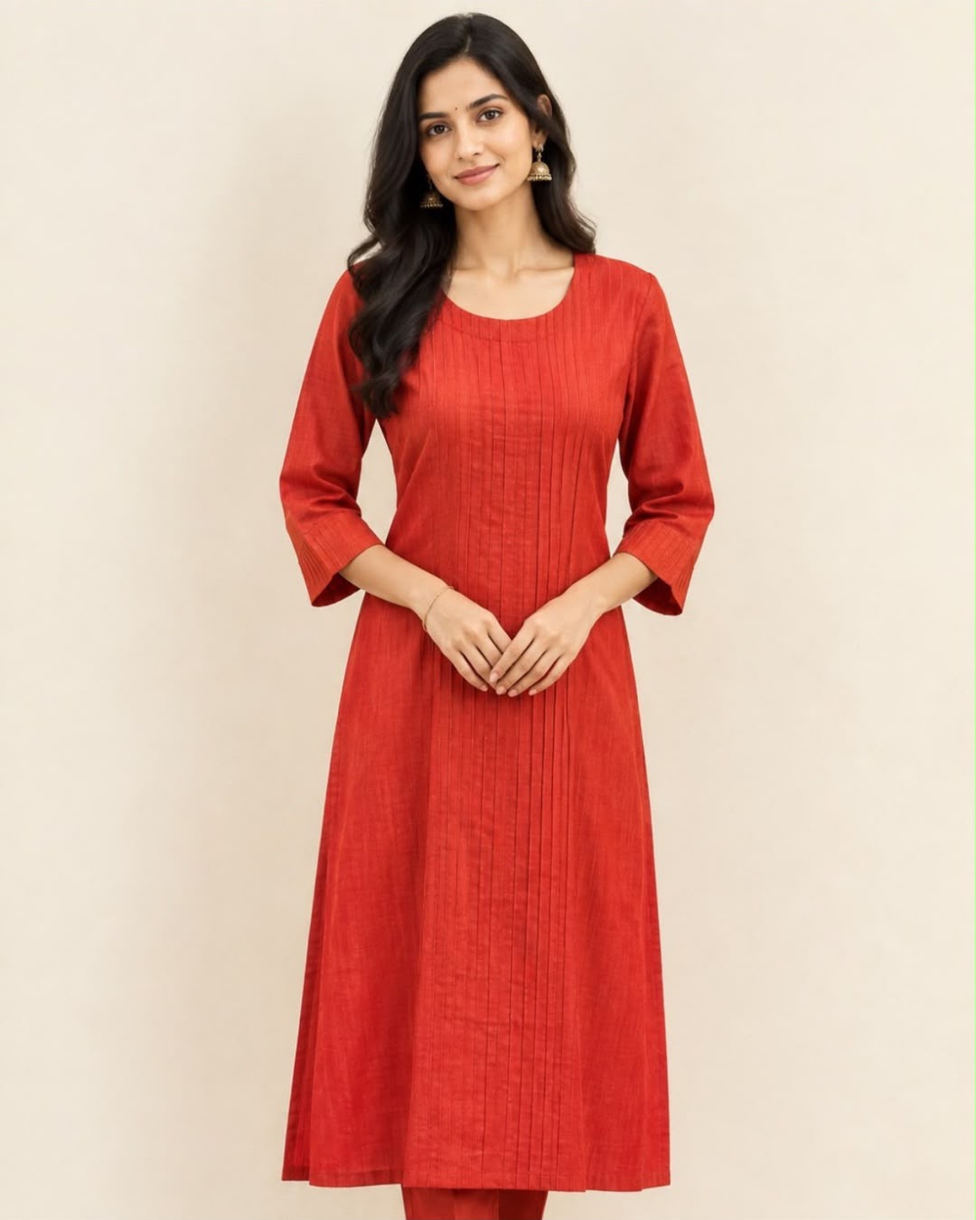 Rust Pintuck Tussar Silk Cotton Long Kurta