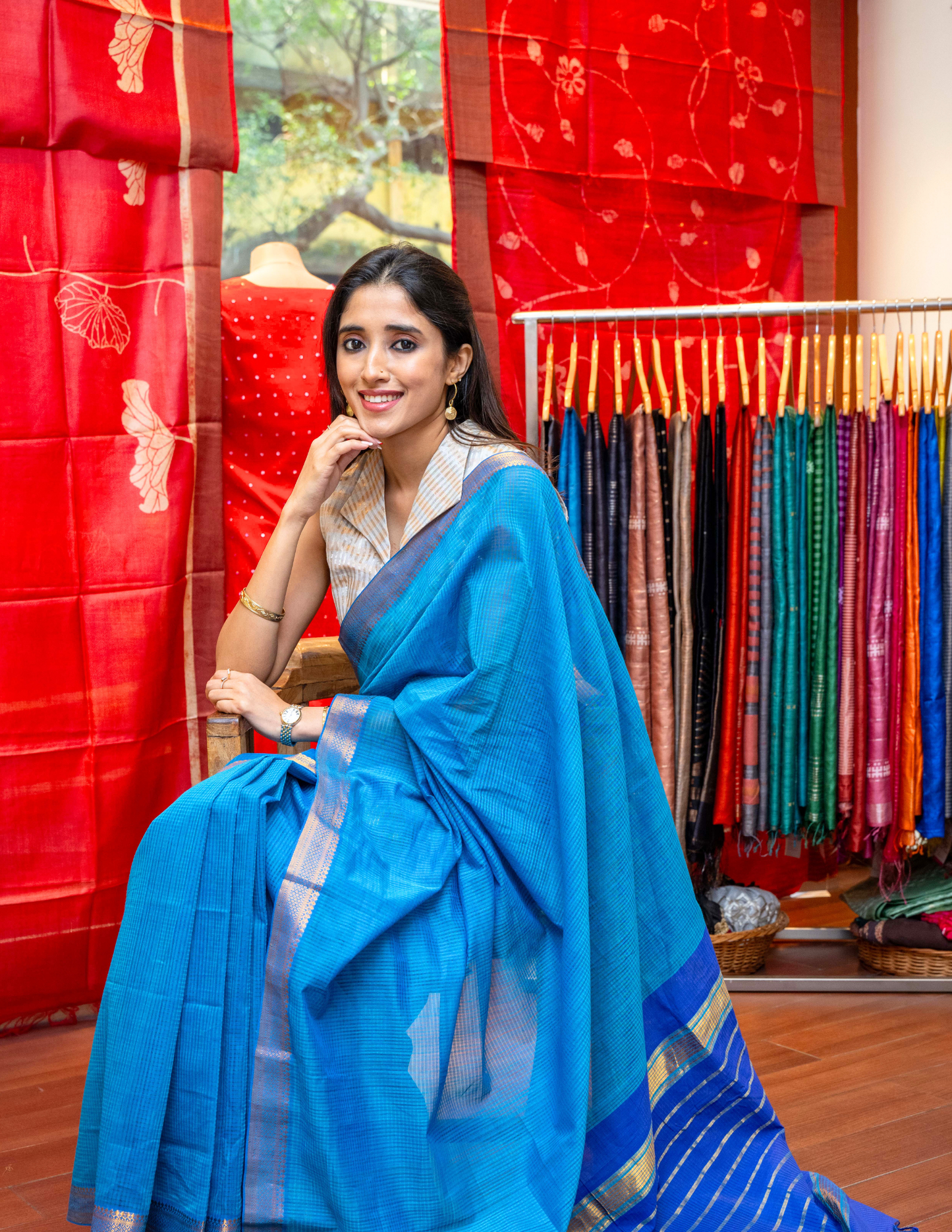 Blue Mangalagiri Cotton Saree