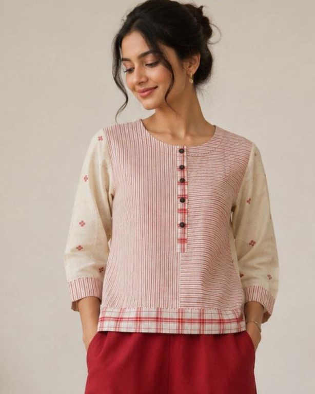 Beige Front Bottons Red Striped Cotton Top