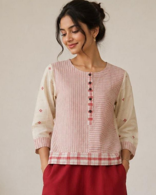 Beige Front Bottons Red Striped Cotton Top