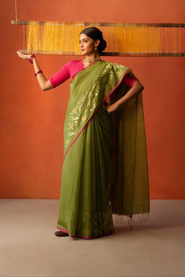 Green Jamdani Zari Lines Cotton Saree