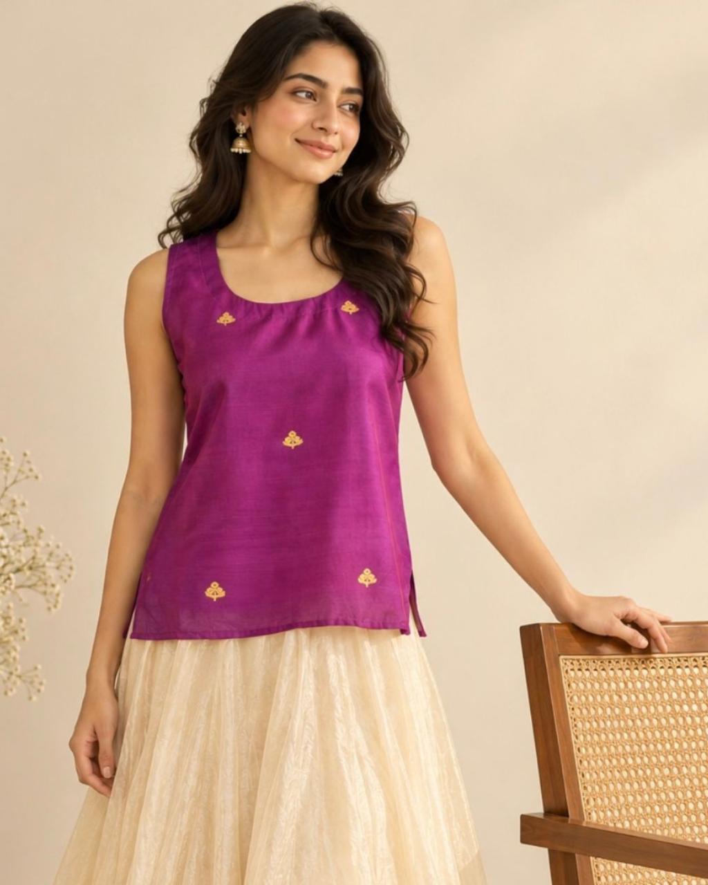 Purple Round Neck Chanderi Silk Cotton Blouse