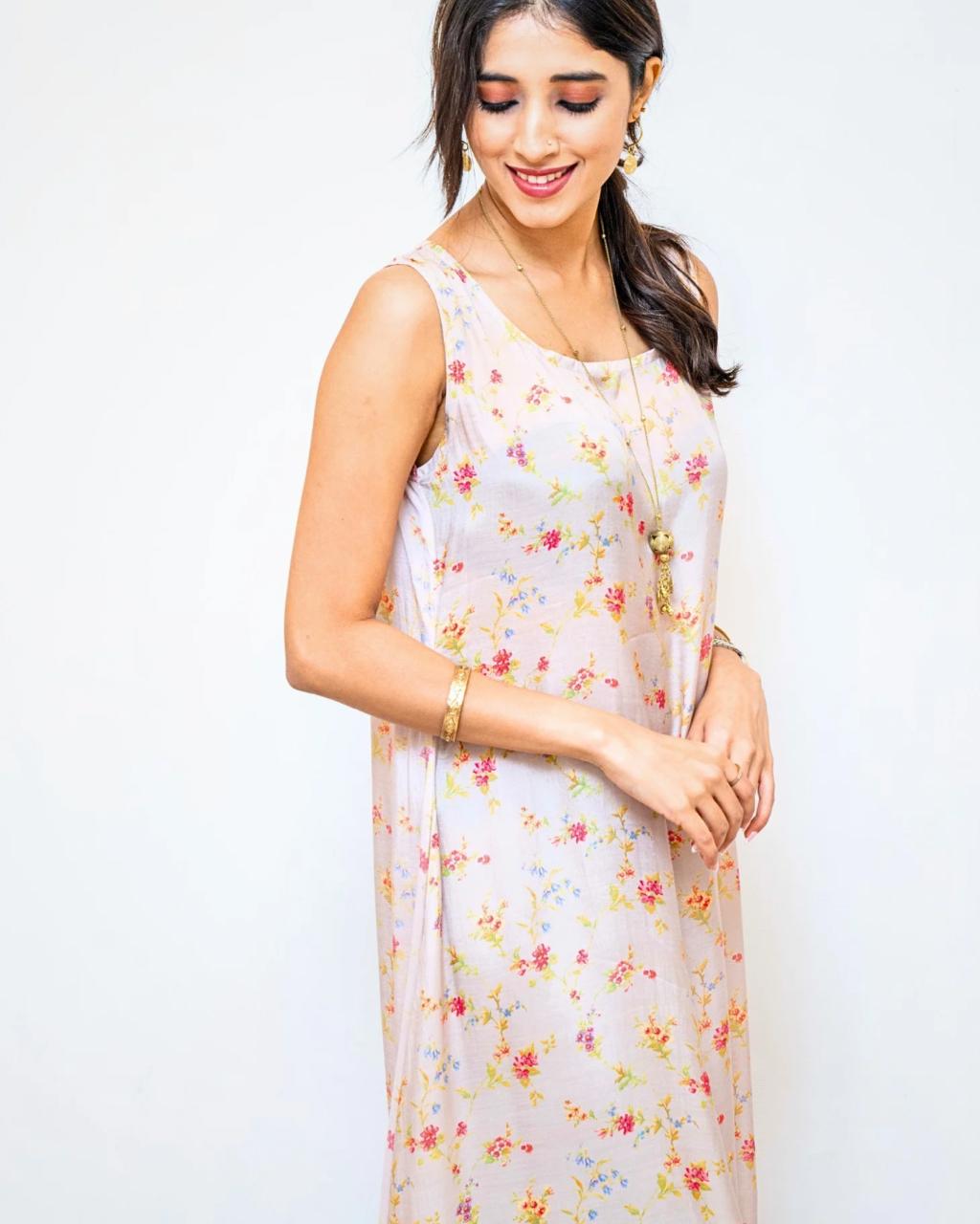 Beige Floral Printed Modal Sleeveless Dress