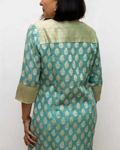 Sea Green Chinese cuffcollar Banarasi Silk Kurta
