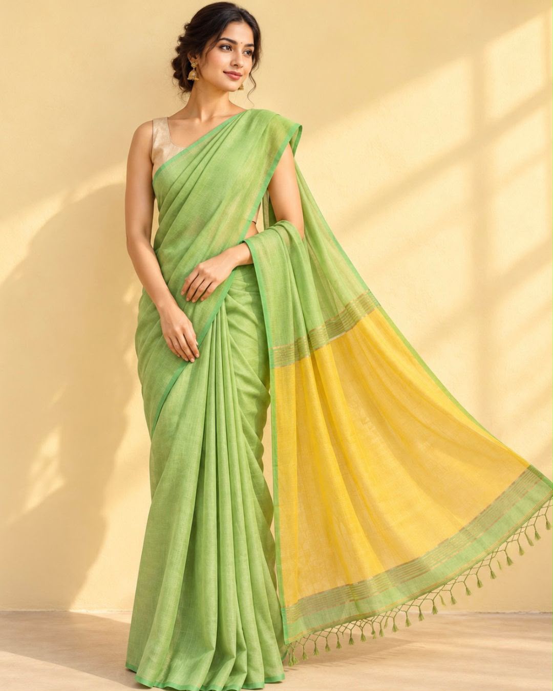 Parrot Green Fulia Cotton Tissue Saree with Yellow Border and Tassels Pallu