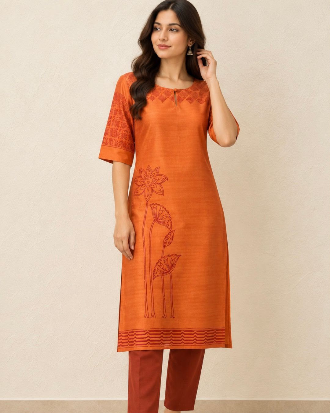 Orange Rust Hand Block Printed Tussar Silk Long Kurta