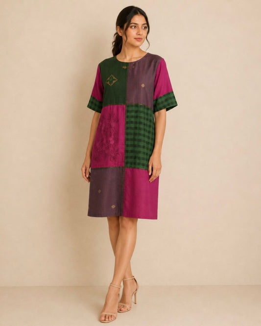 Pink Multi Fabric Patch Work Jamdani Cotton Dress