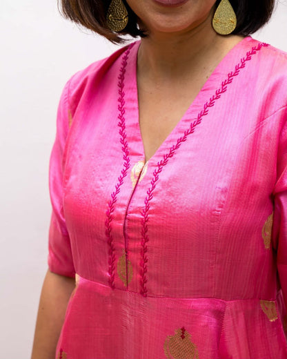 Pink Chanderi Gold Tissue Border Dress
