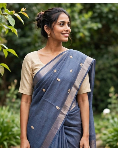Blue Gold Zari Emboridery Tussar Silk Saree