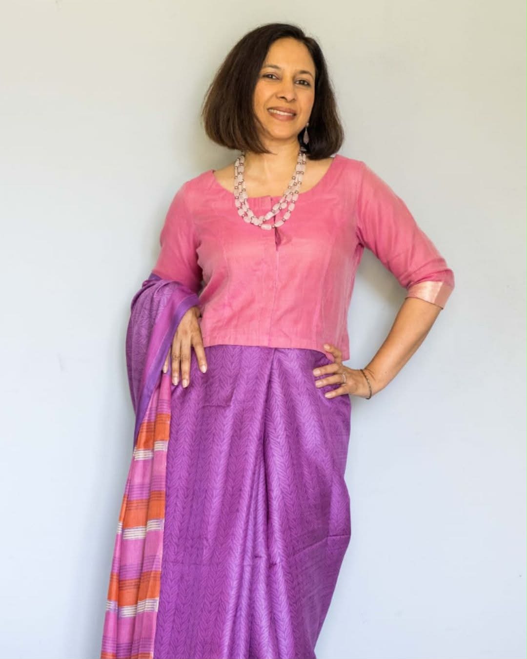 Pink Cotton Silk Elbow Sleeves Blouse