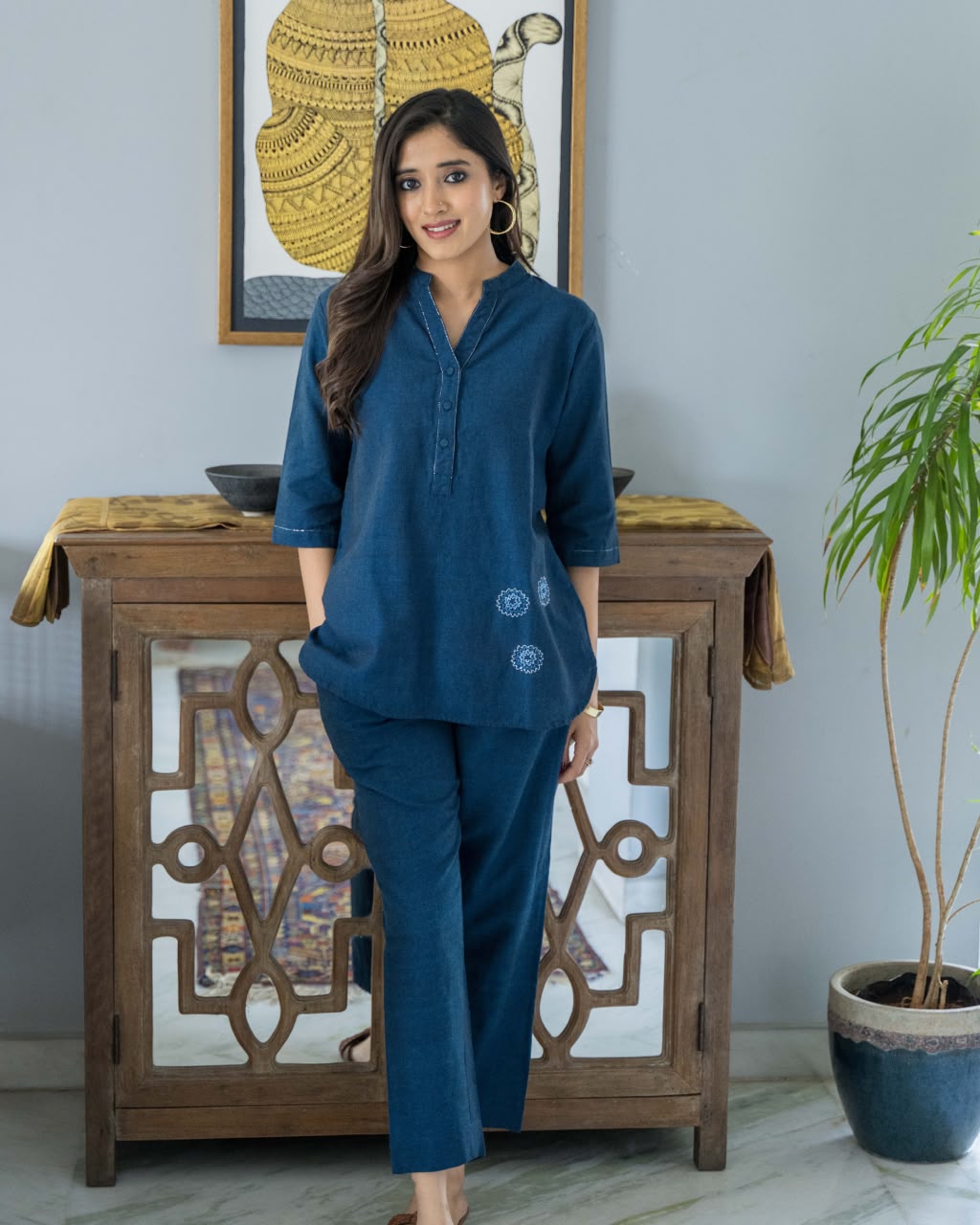 Blue Embroidered Cotton Co Ord Set