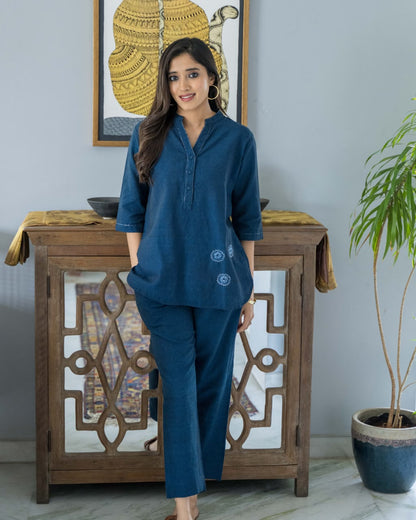 Blue Embroidered Cotton Co Ord Set