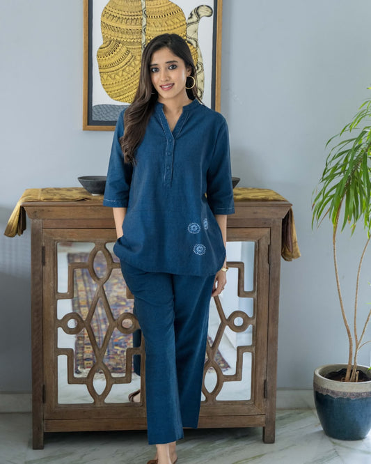 Blue Embroidered Cotton Co Ord Set