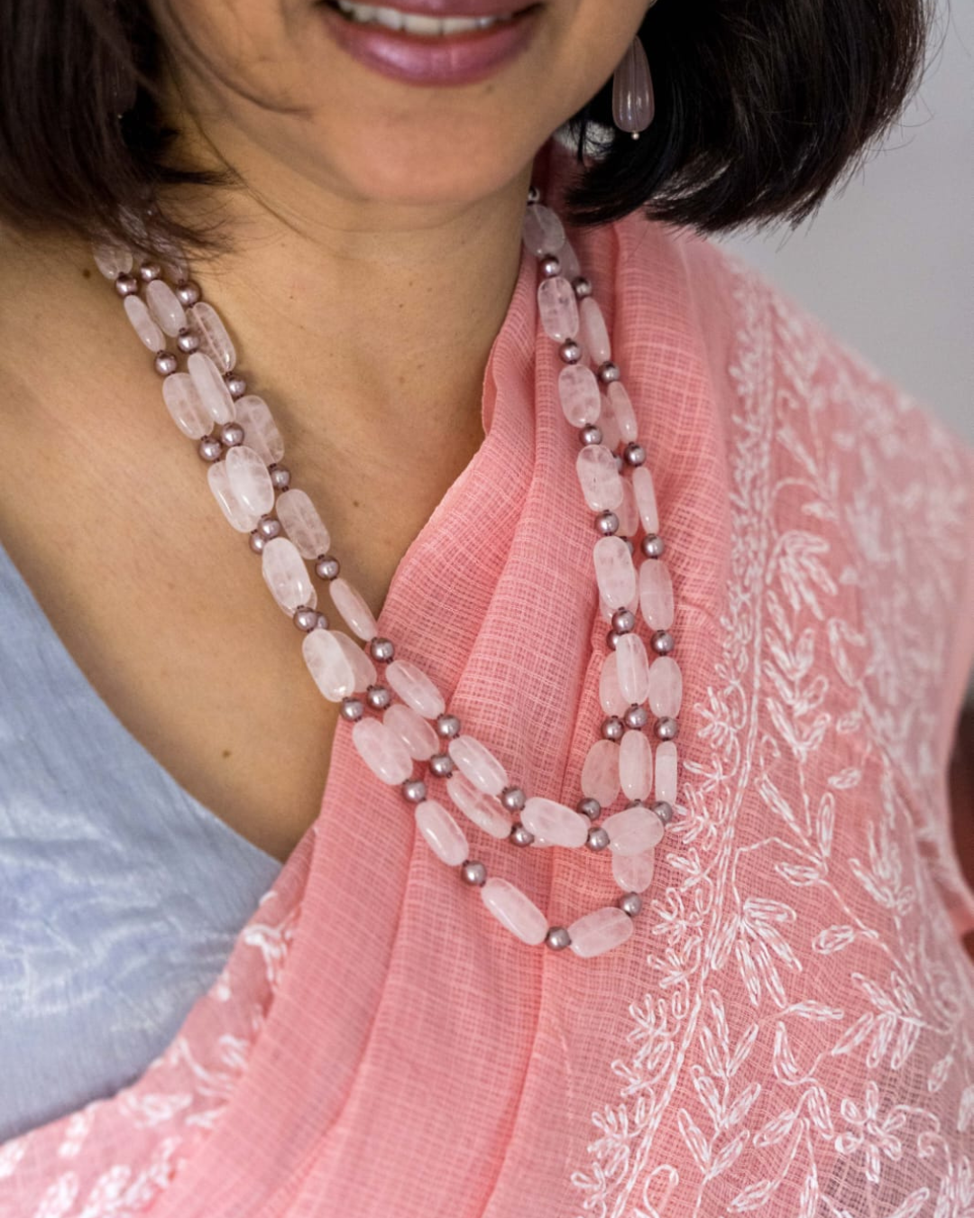 Pink 3 Layers Rose Quartz Pearls Necklace