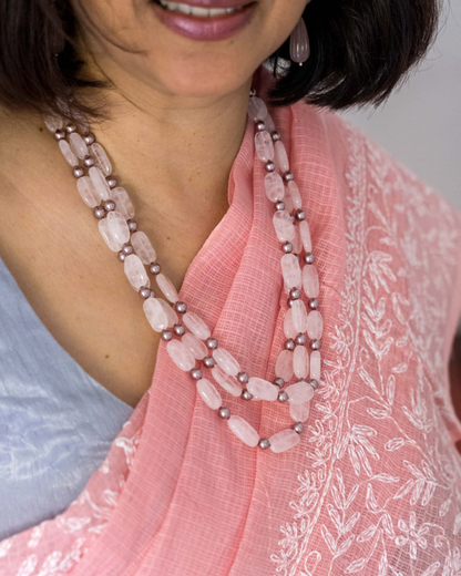 Pink 3 Layers Rose Quartz Pearls Necklace