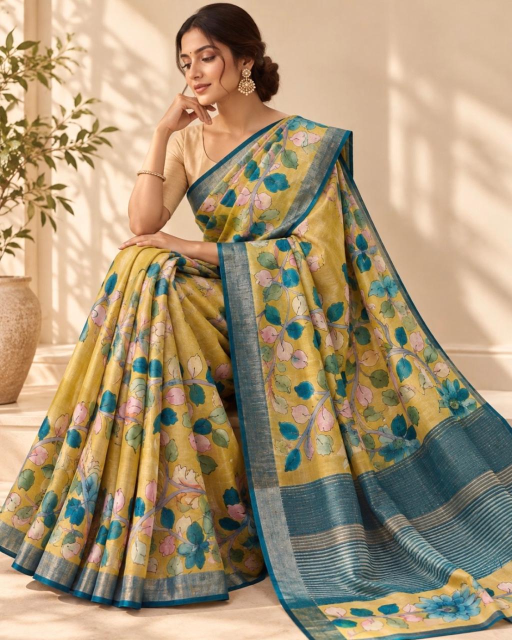 Mustard Yellow Kalamkari Hand Painted Tussar Silk Saree