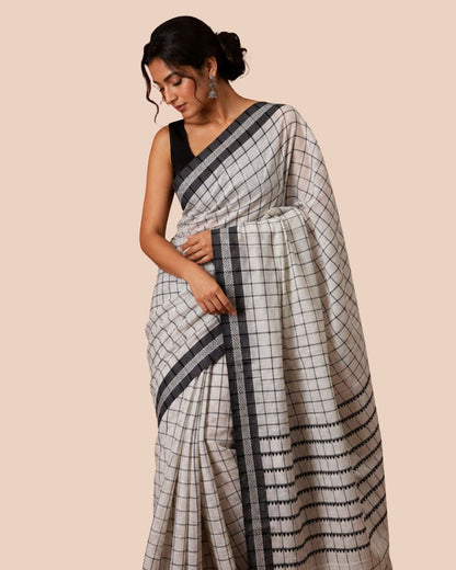White Black Checks Border Cotton Saree
