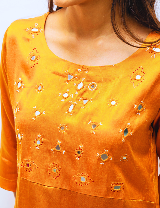Mustard Hand Embroidery Gajji Silk Kurta