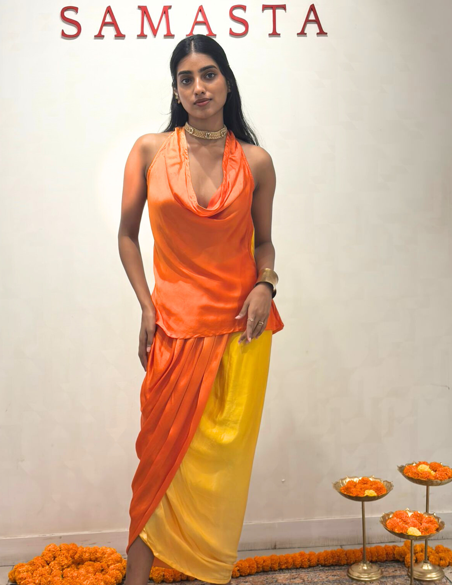 Orange Shaded Yellow draped skirt