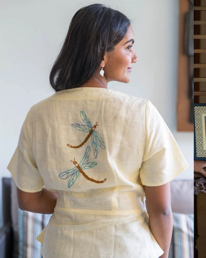 Yellow Dragonfly Embroidery Wrap Linen Top