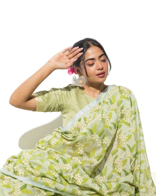 Pista Floral Printed Marm Chanderi Saree