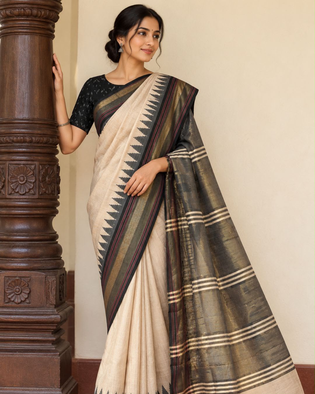 Beige Black Temple Border Chattisgarh Tussar Silk Saree