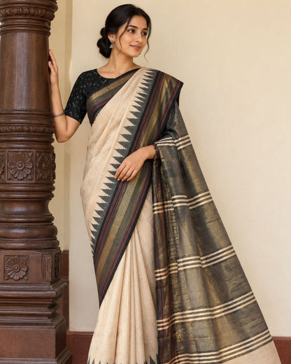 Beige Black Temple Border Chattisgarh Tussar Silk Saree