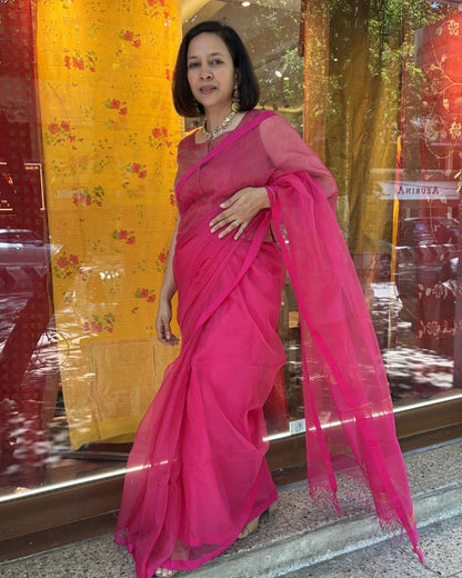 Pink Checks Organza Silk Kota Fulia Saree