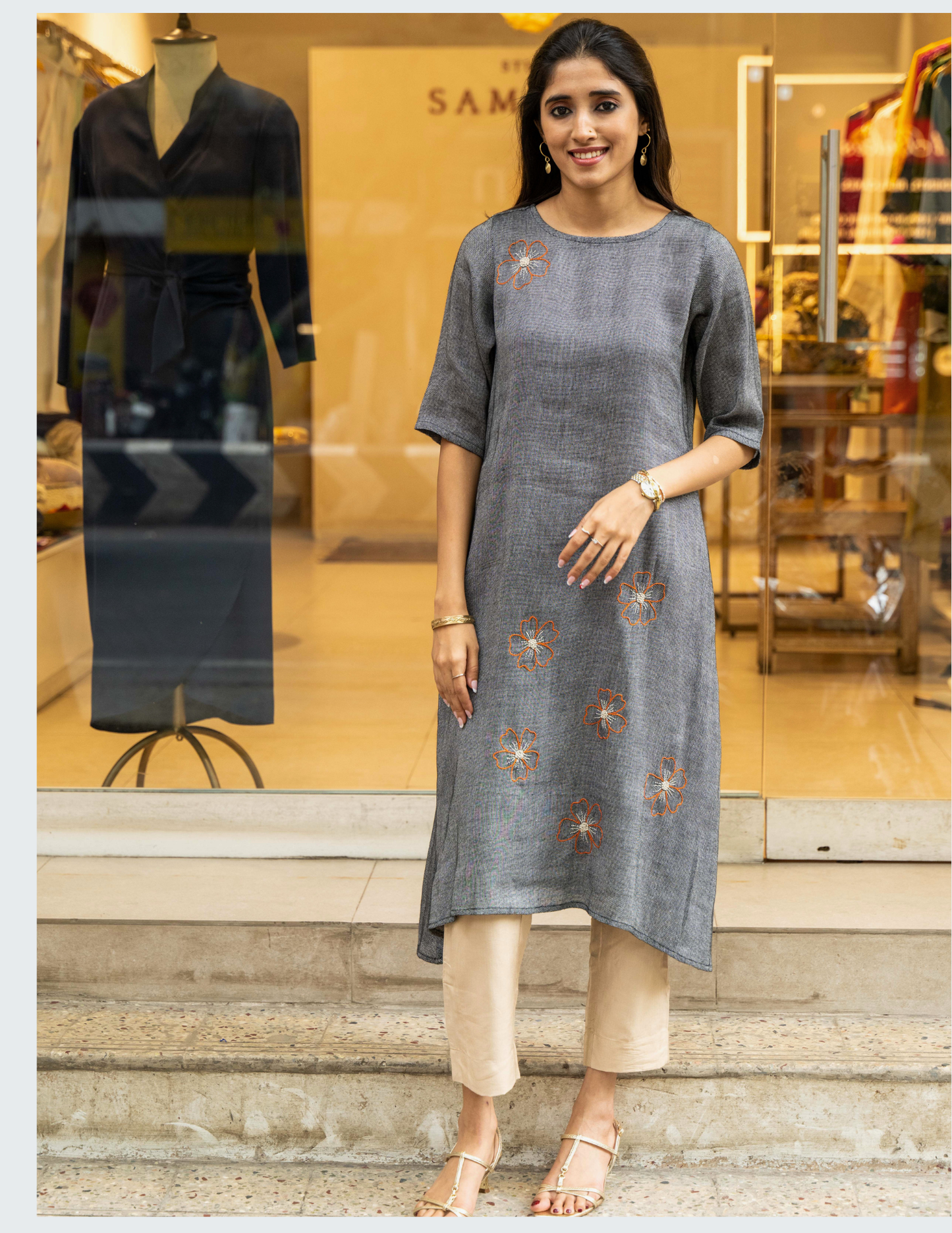 Grey Flower Embroidery Cotton Dress