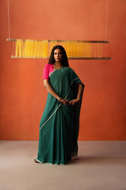 Green Silver Gold Jamdani Cotton Saree