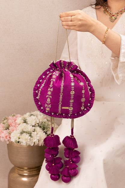 DHAGA EMBROIDERED PLEATED POTLI - PURPLE