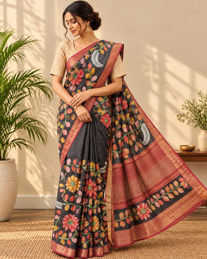 Black Kalamkari Hand Painted Tussar Silk Saree
