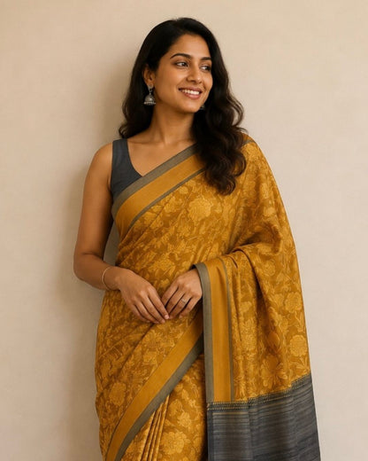 Mustard Printed Tussar Silk Saree