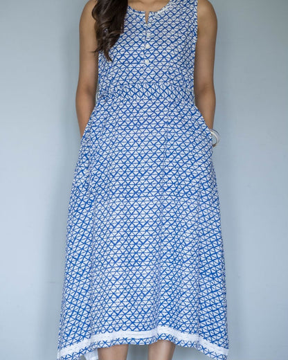 White Blue Geometric Sleeveless Vest Belt Cotton Dress